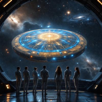 The primary subject of the image is a group of six people standing in front of a large, blue, circular object. The setting appears to be a futuristic environment, possibly a space station or an alien planet. The visual style of the image is a combination of photo and digital art, creating a unique and captivating scene. The dominant colors in the image are blue and white, giving the scene a sense of calmness and sophistication.